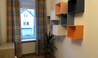 A modern designed room with colorful wall shelves and a view out the window. In front of the window stands a plant, and the curtains have a checked pattern.
