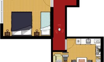A simple floor plan of an apartment shows two rooms: a bedroom and a living area with a kitchen. The entrance is clearly marked.