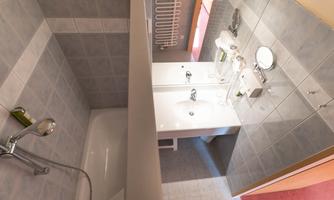 A modern bathroom with a shower and bathtub. The room is bright and well-designed, with tiled walls and a large mirror.