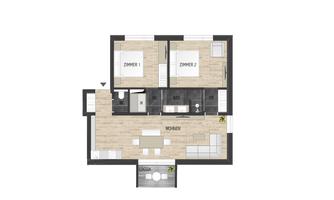 A floor plan representation of an apartment with two bedrooms, a living area, and a loggia. The furniture is simply and modernly arranged.