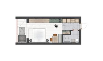 A floor plan of a small apartment. The space includes a kitchen, a living area, and separate seating options.