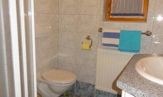 A small bathroom with tiled walls. The fixtures include a shower, a toilet, and a sink.