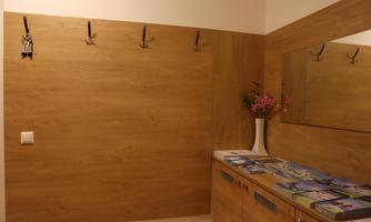 A modern entrance area with wooden paneling. Coat hooks are hanging on the wall and brochures are lying on a chest of drawers.