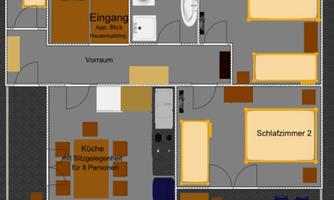 A floor plan of an apartment with bedrooms, a kitchen, and a bathroom. The rooms are clearly labeled and provide space for several people.