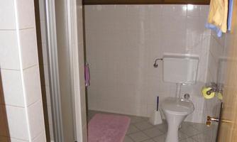 A bathroom with a shower, toilet, and a pink bath mat. The walls are brightly tiled and the ceiling is made of wood.