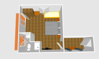 A floor plan of an apartment with one bedroom, one bathroom, and a living area. There are furniture items like a bed, a table, and chairs.