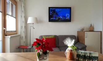 A cozy living space with a gray couch and a TV on the wall. On the table, there is a poinsettia plant and some small gifts.