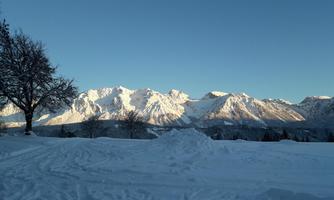 A picturesque winter landscape with snow-covered mountains and a clear blue sky. In the foreground stands a single tree on the snowy expanse.
