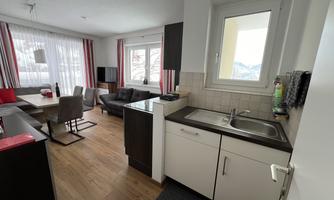 A bright apartment with an open kitchen, a cozy living area, and large windows. The space is modernly furnished and lets in plenty of daylight.