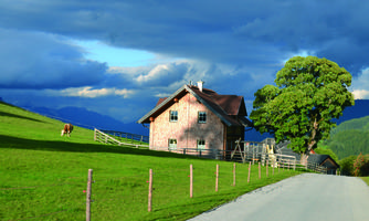 A beautiful house on a meadow, surrounded by trees and pastures. The sky is cloudy and mountains are visible in the background.