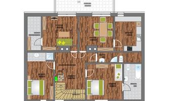 A floor plan of an apartment with several rooms. The rooms are bright and modernly furnished, with wooden floors and clean lines.