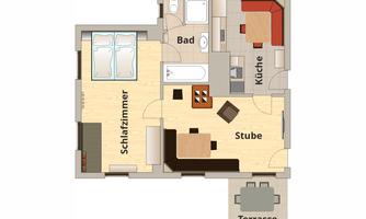 A modern floor plan drawing of an apartment with one bedroom, bathroom, kitchen, and living room. The terrace is also illustrated.