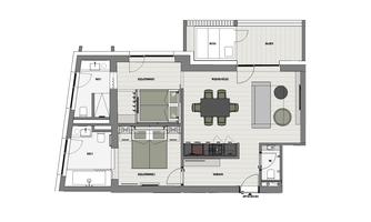A floor plan drawing of an apartment with two bedrooms, a living room, and an open kitchen. The design is modern and functional.