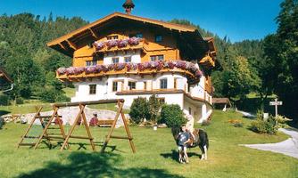 A charming alpine house with colorful flower boxes and a green meadow. In the foreground stands a child with a goat kid, surrounded by trees and a playground.