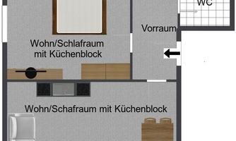 A simple floor plan drawing of an apartment with a bathroom, an entrance hall, a living/sleeping room with a kitchenette, and a balcony. The rooms are clearly arranged and well-labeled.