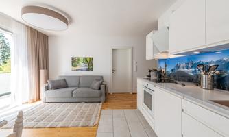 A modern living room with a gray sofa, a large window front, and a carpet. The bright kitchen is equipped with white furniture and a beautiful landscape decoration.