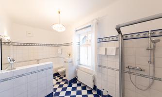 A bathroom with white tiles and a blue checkerboard pattern on the floor. There is a shower and ample light from a window.