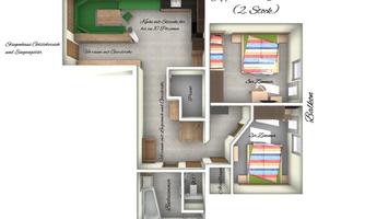 A floor plan of an apartment on the second floor. The apartment includes a living and dining room, two bedrooms, and a bathroom.