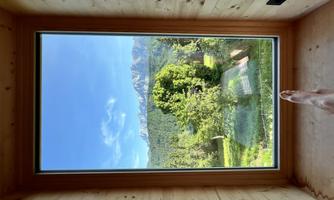 A window overlooking a green landscape with mountains in the background. In the foreground, a foot is visible.