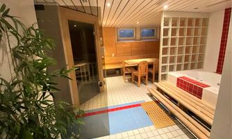A relaxing wellness area with a sauna and a whirlpool. Wooden furniture and plants create a cozy atmosphere.