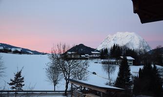 A winter landscape with snow-covered fields and trees. In the background, a majestic mountain rises under a pink sky.