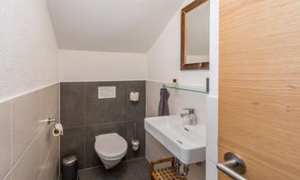 A modern bathroom with a toilet and sink. The walls are painted light, and there is a small wooden shelf.