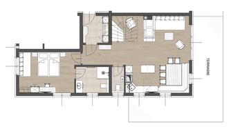 A floor plan sketch of a house with various rooms. Visible are the living room, bedroom, and a terrace.