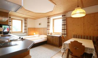 A cozy room with wooden paneling, a bed, and a dining table. The small kitchen is well-equipped, and there are large windows that let in daylight.