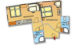 A floor plan of an apartment with a living kitchen area, two bedrooms, and two bathrooms. The rooms are clearly arranged, with the entrance area highlighted.