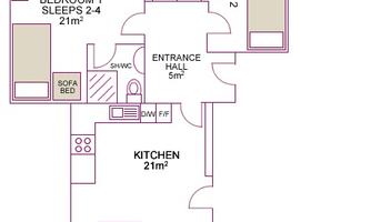 A floor plan sketch of an apartment called "Apartment Dachstein" with 72 m². The apartment includes two bedrooms, a bathroom, a kitchen, and a balcony.