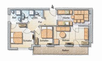 An apartment floor plan drawing with various rooms. The rooms include a bedroom, bathroom, kitchen, living room, and a balcony.