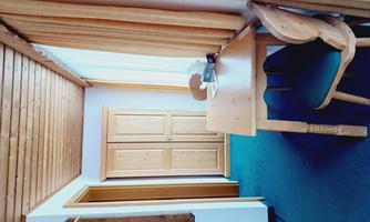 A bright room with a wooden ceiling and carpeted floor. There is a wooden wardrobe, a table, and a chair.