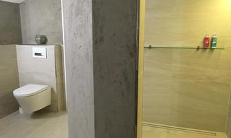 A modern bathroom with a shower and a toilet. The walls are bright and the furnishings are simple and elegant.