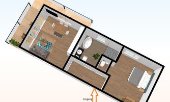 A floor plan of an apartment with an open living area, a kitchen, a bathroom, and two bedrooms. The entrance is clearly marked with an arrow.