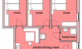 A simple floor plan drawing of an apartment with three rooms, a bathroom, a kitchen, and a toilet. The rooms are clearly structured and well arranged.