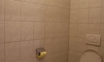 A small bathroom with white tiles. It contains a toilet and a toilet paper roll.