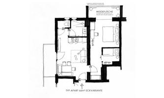 A simple floor plan illustration of an apartment with different rooms. The rooms are clearly depicted, including kitchen, living room, and bedroom.