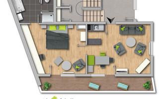 A modern apartment with an open living area, a bedroom, and a bathroom. The decor is cozy and well-planned, with nice colors and furniture.