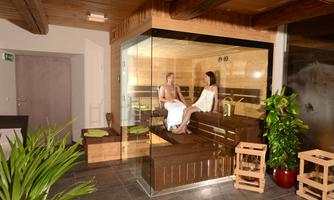 A sauna with two women sitting relaxed. The room is modernly furnished and has plants for a pleasant atmosphere.