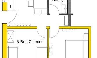 A floor plan sketch of an apartment with a kitchen, bathroom, and two bedrooms. A 3-bed room and a 2-bed room can be seen.
