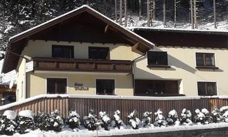 A beautiful house in the snow with a picturesque landscape. The surroundings are surrounded by snow-covered trees.