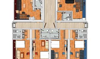 A floor plan of a living space with several rooms. It shows a living room, bedroom, and bathroom, all in a modern layout.
