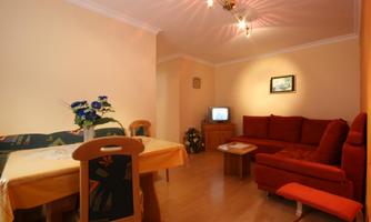 A cozy living room with a red sofa and a dining table. A vase with flowers is on the table and a television is visible.