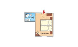 A floor plan sketch of a room with two beds and a bathroom. The room is referred to as "sleeping area."