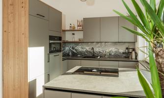 Modern kitchen with gray cabinets and an elegant countertop. A large plant stand adds a fresh touch to the room.