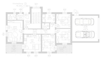 A floor plan of a house with different rooms and a carport. The rooms are clearly structured and well arranged.