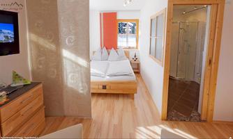 A bright room with a double bed and modern wooden design. In the background, there is a bathroom with a transparent shower cabin.