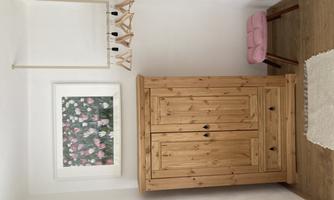 A cozy entrance area with a wooden cabinet and a pink seating option. A picture of colorful tulips hangs on the wall.