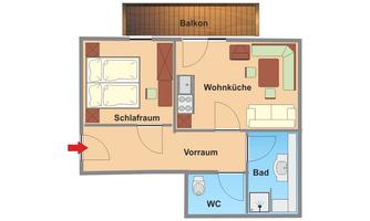 A simple floor plan of an apartment with one bedroom, a living kitchen area, and a bathroom. The balcony is shown at the top of the plan.