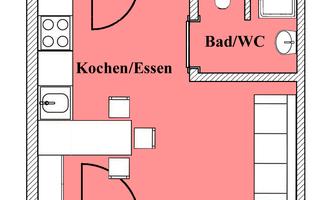A simple floor plan drawing of an apartment. The areas are divided into two parts: Cooking/Eating and Bathroom/WC.